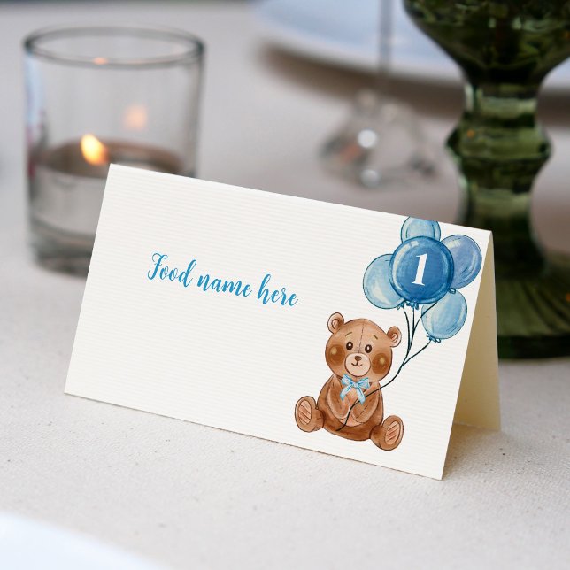 Teddy Bear Balloon 1st Birthday Tent Place Card (Creator Uploaded)