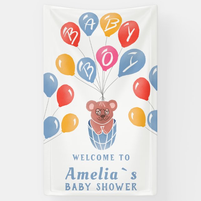 Teddy Bear Balloon Baby Boy Baby Shower Backdrop Banner (Vertical)