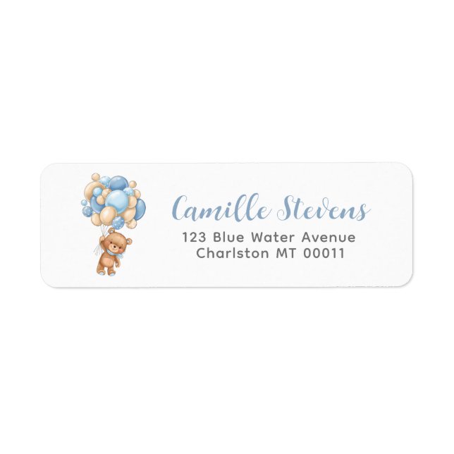 Teddy Bear Balloon Baby Boy Shower Address Label (Front)