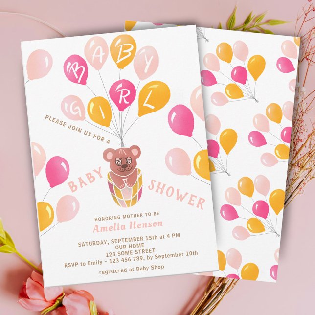 Teddy Bear Balloon Baby Girl Baby Shower Invitation (Creator Uploaded)