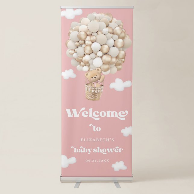 Teddy Bear Balloon Baby Girl Shower Welcome Retractable Banner (Front)