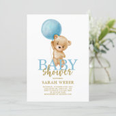 Teddy bear balloon baby shower boy invitation (Standing Front)