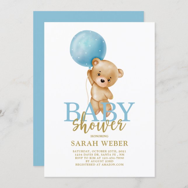 Teddy bear balloon baby shower boy invitation (Front/Back)