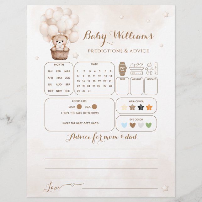 Teddy Bear Balloon Baby Shower Guessing Game (Front)