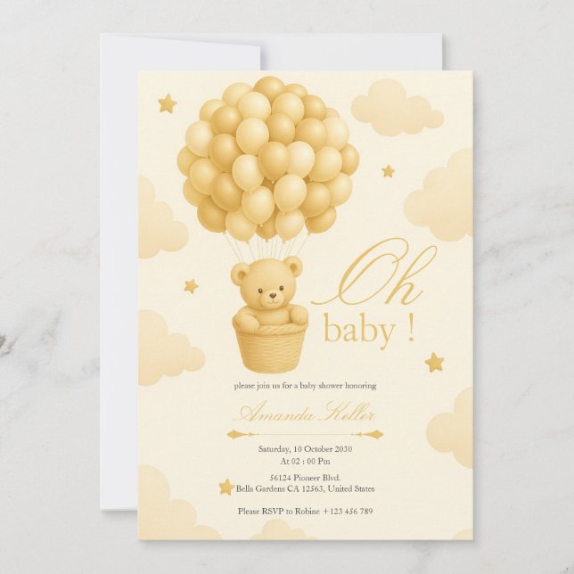 Teddy Bear Balloon Baby Shower Invitation (Front)