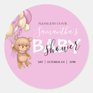 Teddy Bear Balloon Baby Shower Invitations Classi Classic Round Sticker