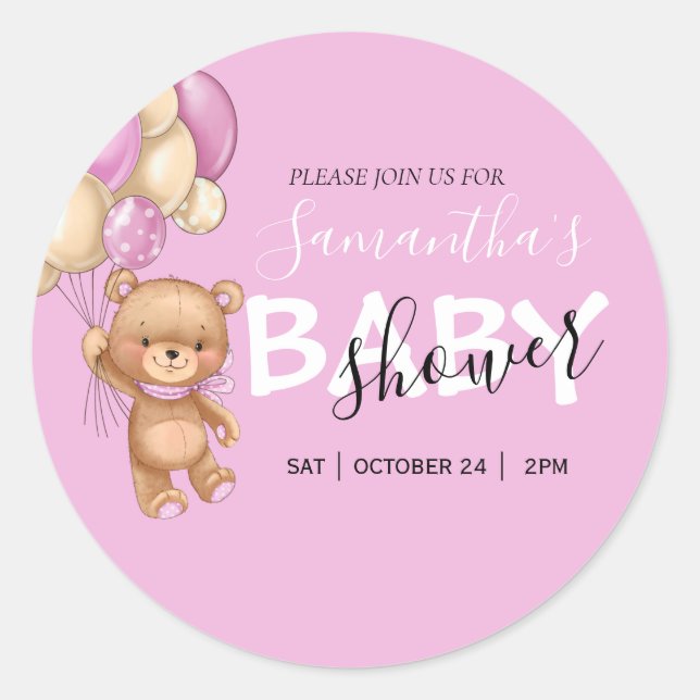 Teddy Bear Balloon Baby Shower Invitations  Classi Classic Round Sticker (Front)