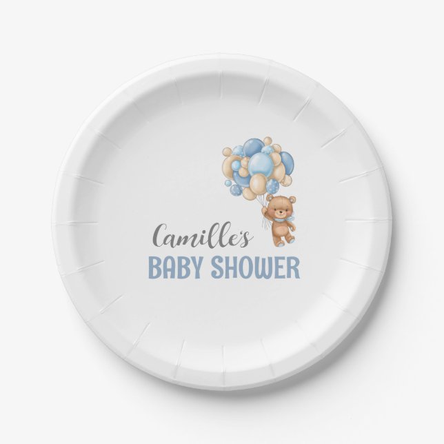 Teddy Bear Balloon Baby Shower Paper Plates (Front)