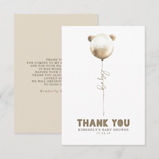 Teddy Bear Balloon Baby Shower Small Thank You (Front/Back)