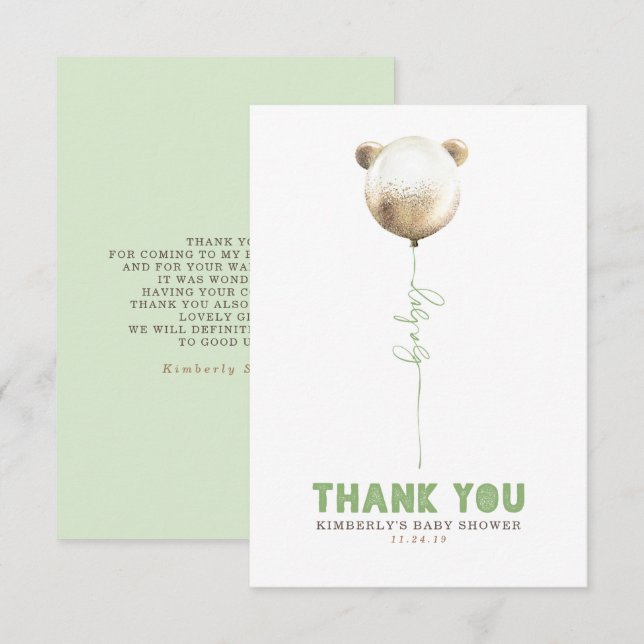 Teddy Bear Balloon Baby Shower Small Thank You Card (Front/Back)