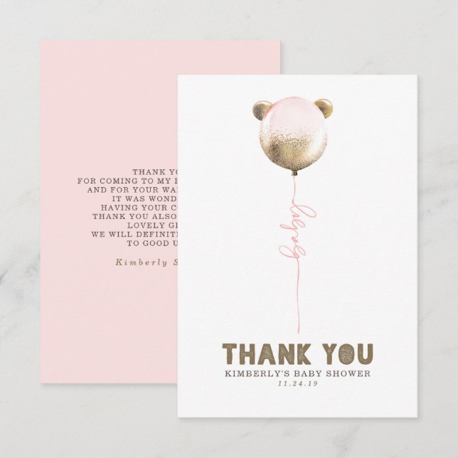 Teddy Bear Balloon Baby Shower Small Thank You Card (Front/Back)