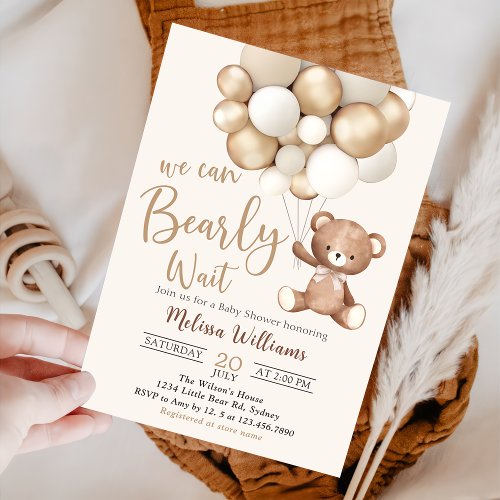 Teddy Bear Balloon Bearly Wait Baby Shower Invitation