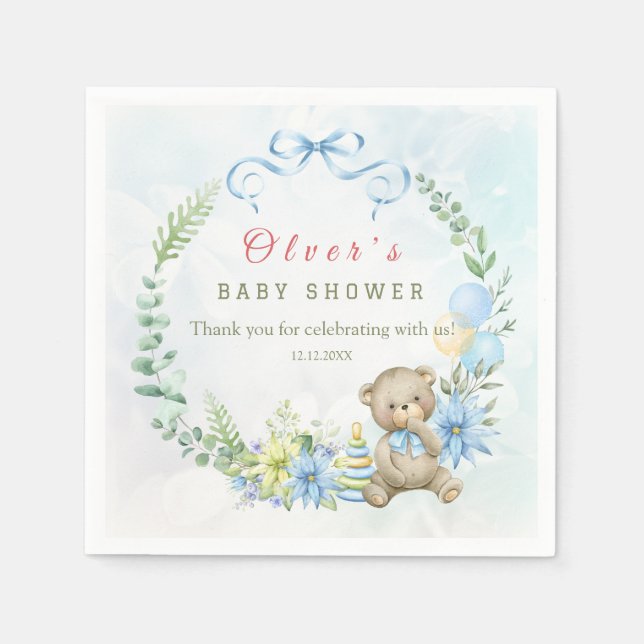 Teddy Bear Balloon Bearly Wait Baby Shower  Napkins (Front)