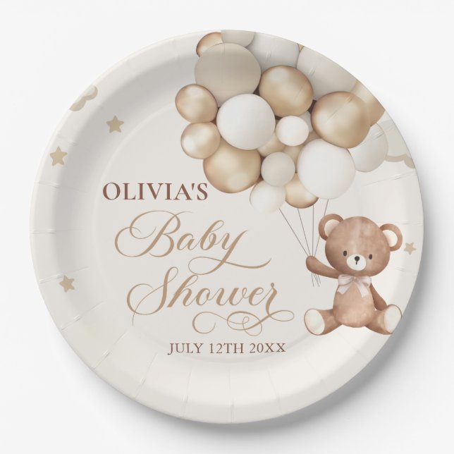 Teddy Bear Balloon Bearly Wait Baby Shower Paper Plates (Front)