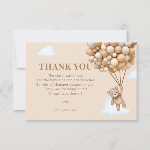 Teddy Bear Balloon Bearly Wait Baby Shower Thank You Card