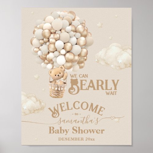 Teddy Bear Balloon Bearly Wait Baby Shower welcome Poster