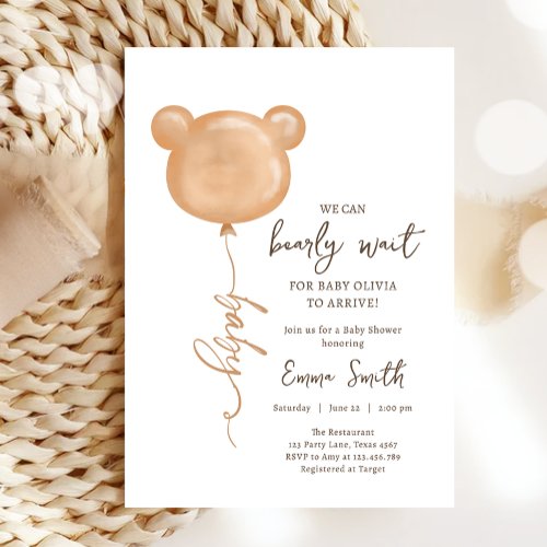Teddy Bear Balloon Bearly Wait Boho Baby Shower Invitation