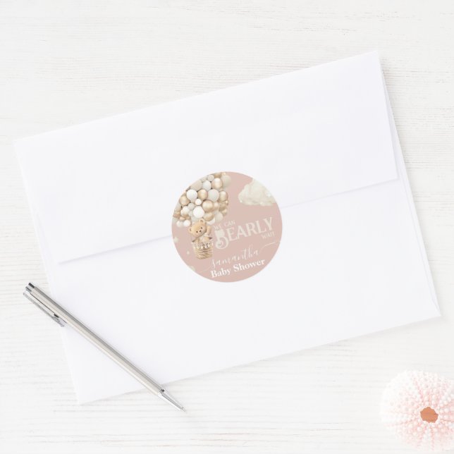 Teddy Bear Balloon Bearly Wait neutral Baby Shower Classic Round Sticker (Envelope)
