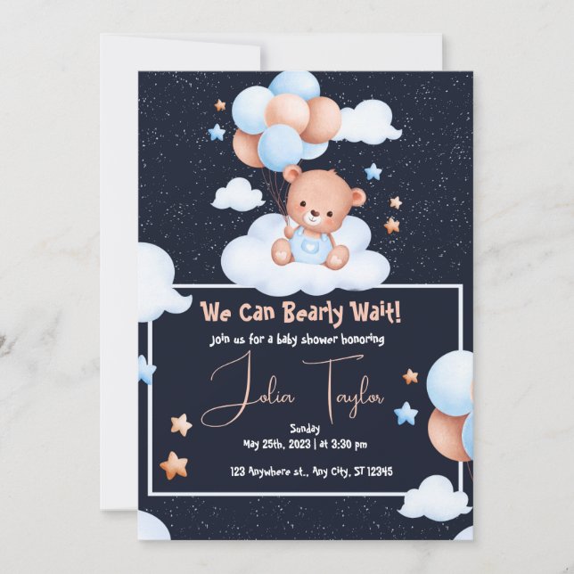Teddy Bear Balloon Bearly Wait neutral Baby Shower Invitation (Front)