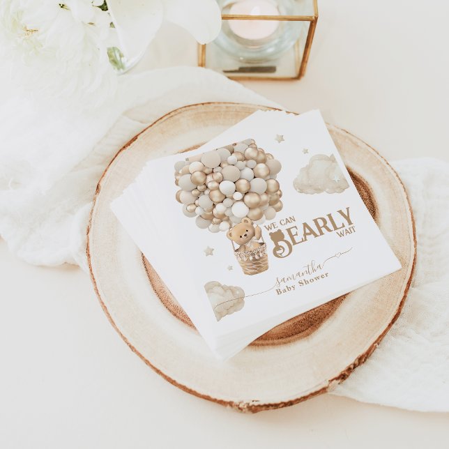 Teddy Bear Balloon Bearly Wait neutral Baby Shower Napkins (Creator Uploaded)