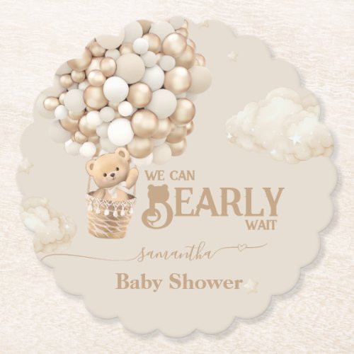 Teddy Bear Balloon Bearly Wait neutral Baby Shower Paper Coaster