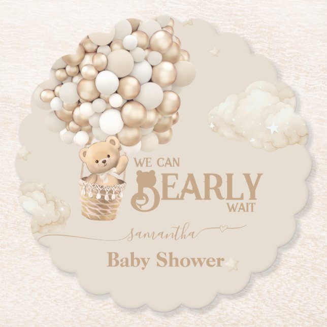 Teddy Bear Balloon Bearly Wait neutral Baby Shower Paper Coaster (Front)