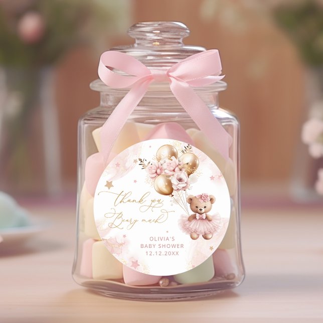 Teddy Bear Balloon Bearly Wait Pink Baby Shower Classic Round Sticker (Creator Uploaded)