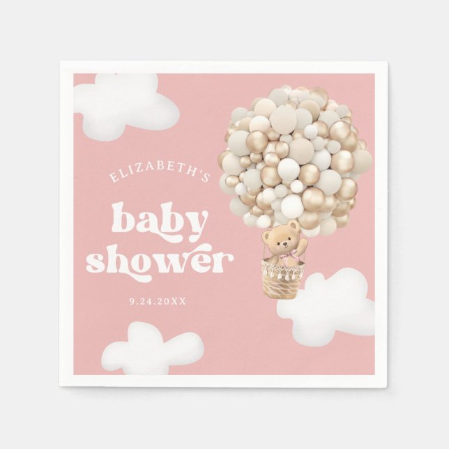 Teddy Bear Balloon Bearly Wait Pink Baby Shower Napkins (Front)