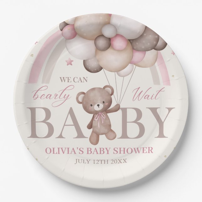 Teddy Bear Balloon Bearly Wait Pink Baby Shower Paper Plates (Front)