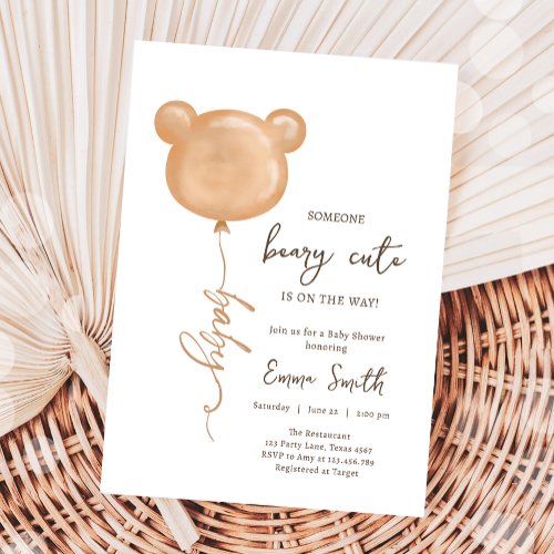 Teddy Bear Balloon Beary Cute Boho Baby Shower Invitation