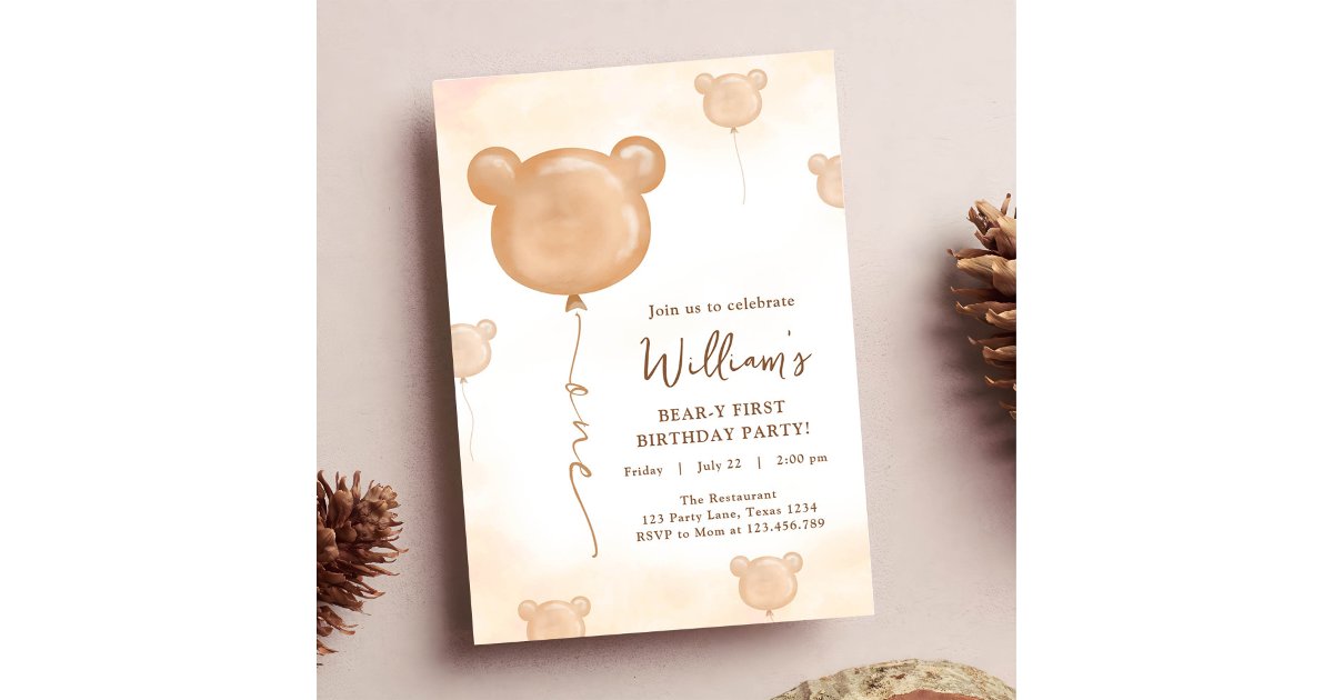 Teddy Bear Balloon Beary First Birthday Party Invitation | Zazzle