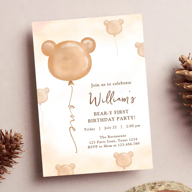 Teddy Bear Balloon Beary First Birthday Party Invitation | Zazzle