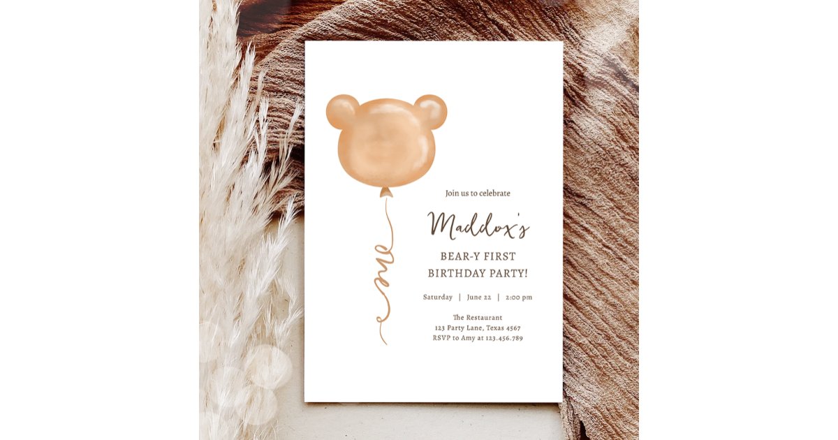 Teddy Bear Balloon Beary First Birthday Party Invitation | Zazzle