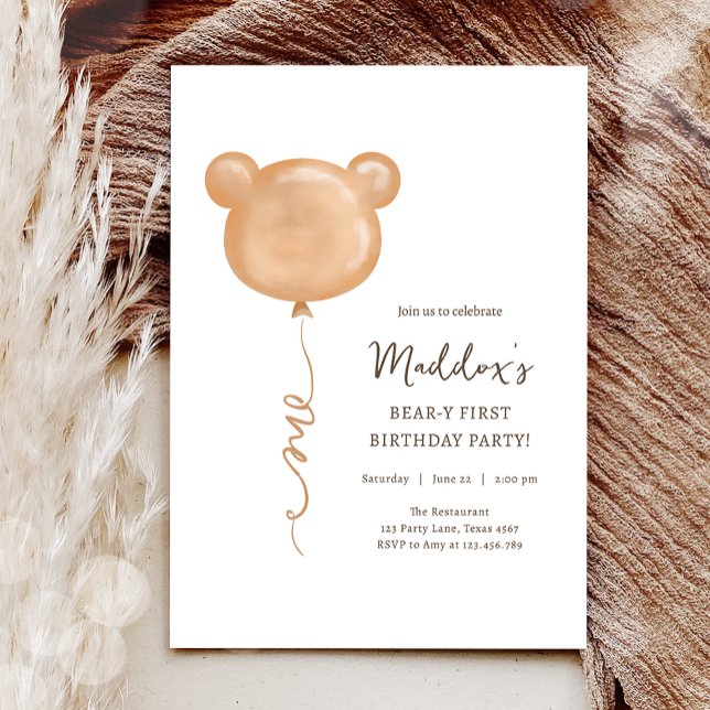 Teddy Bear Balloon Beary First Birthday Party Invitation (Creator Uploaded)