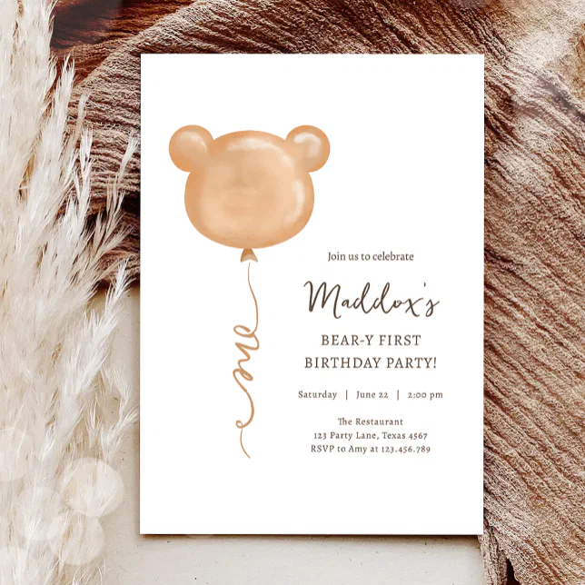 Teddy Bear Balloon Beary First Birthday Party Invitation | Zazzle