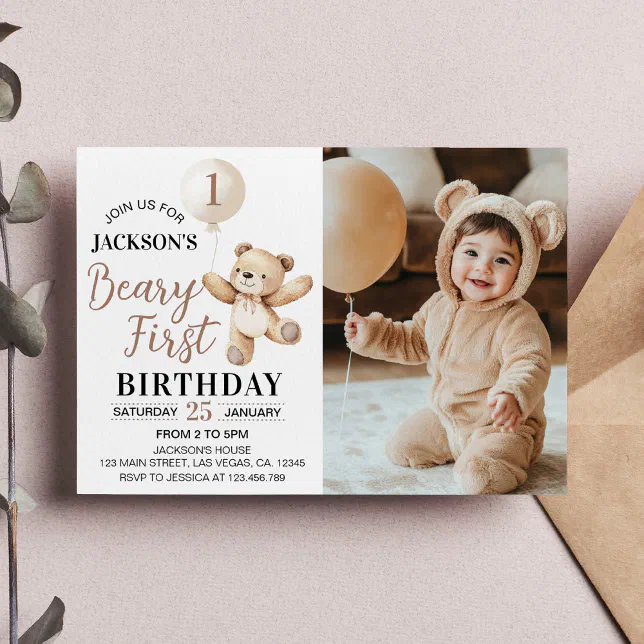 Teddy Bear Balloon Beary First Birthday Photo Invitation | Zazzle