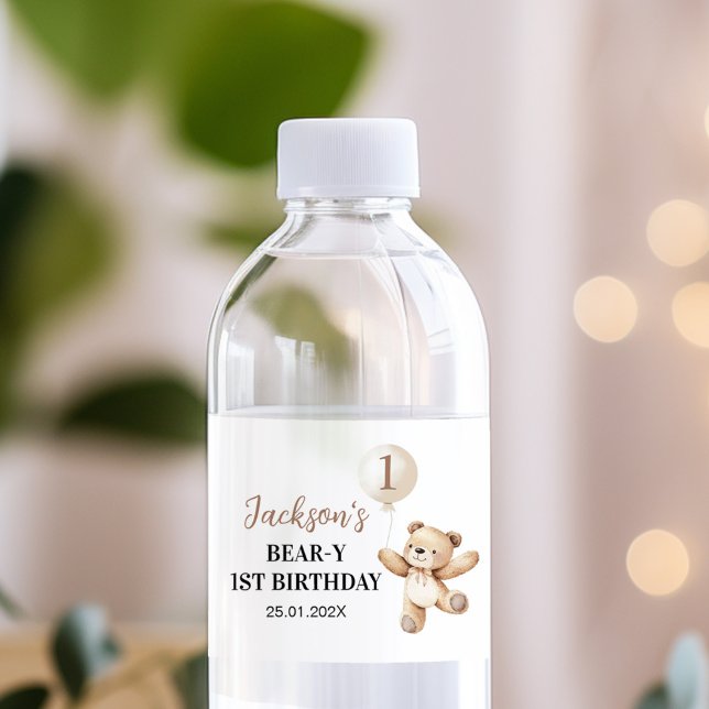 Teddy Bear Balloon Beary First Birthday Water Bottle Label (Creator Uploaded)