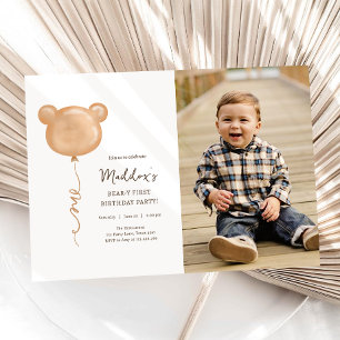Teddy Bear Balloon Beary-Y First Birthday Party Invitation