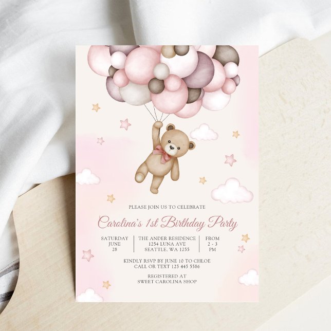 Teddy Bear Balloon Birthday Invitation (Creator Uploaded)