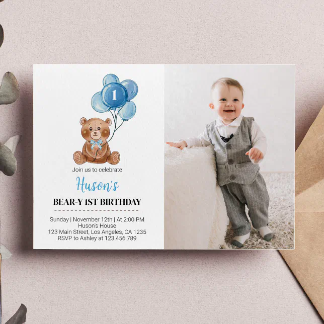 Teddy Bear Balloon Birthday Invitation Blue Beary | Zazzle