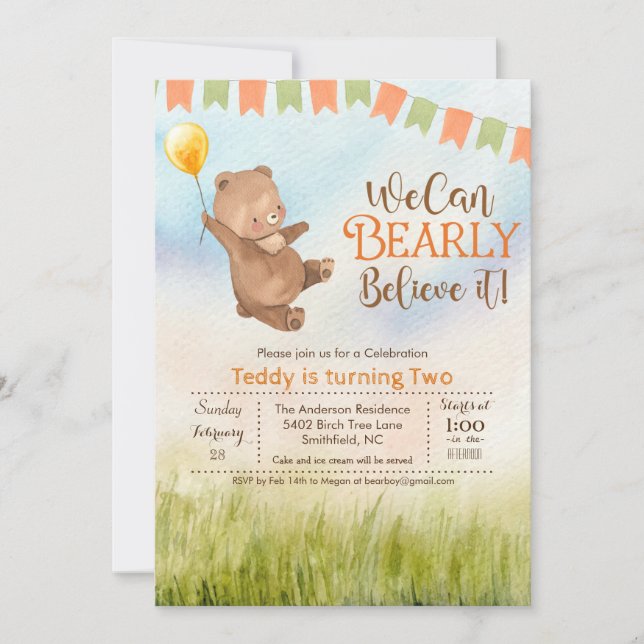 Teddy Bear Balloon Birthday Party Invitation (Front)