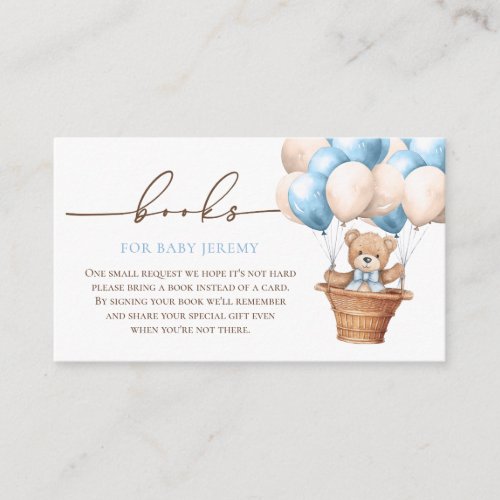 Teddy Bear Balloon Blue Baby Shower Book Request Enclosure Card