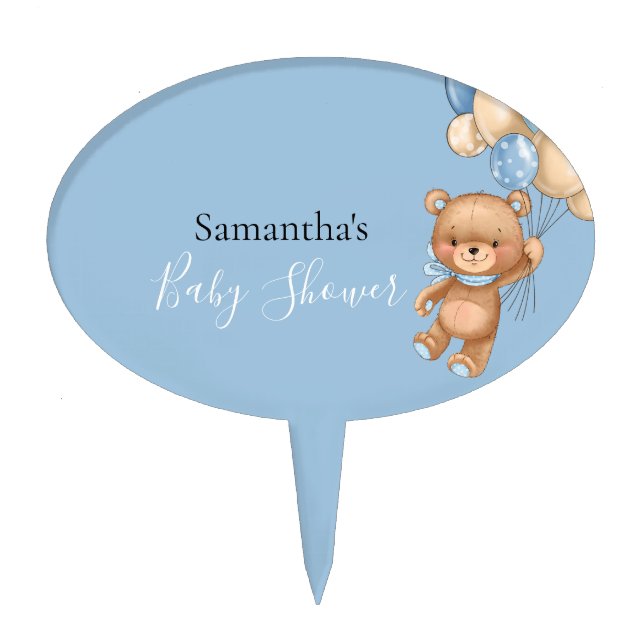 Teddy Bear Balloon Blue Baby Shower Cake Topper (Front)
