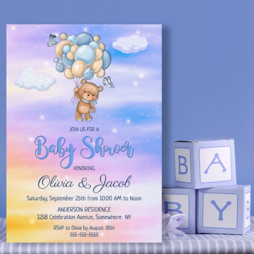 Teddy Bear Balloon Blue Baby Shower Invitation