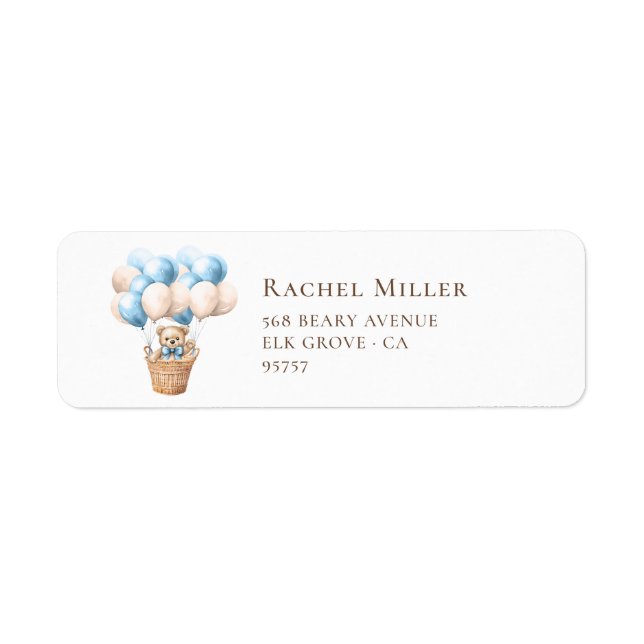 Teddy Bear Balloon Blue Baby Shower Return Address Label (Front)