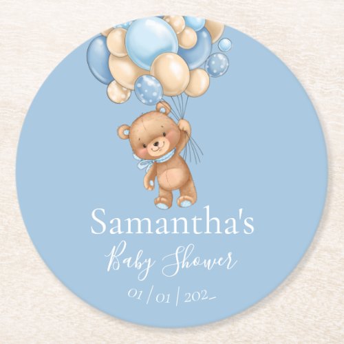 Teddy Bear Balloon Blue baby shower  Round Paper Coaster