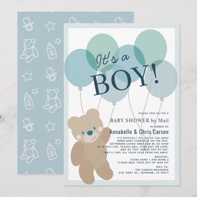 Teddy Bear Balloon Blue Boy Baby Shower by Mail Invitation (Front/Back)