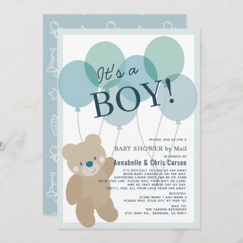 Teddy Bear Balloon Blue Boy Baby Shower by Mail Invitation