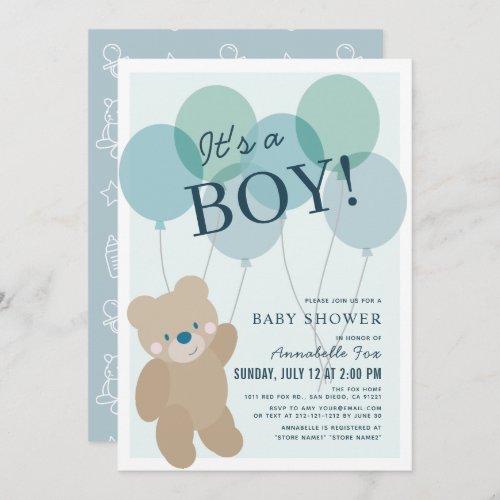 Teddy Bear Balloon Blue Boy Baby Shower Invitation