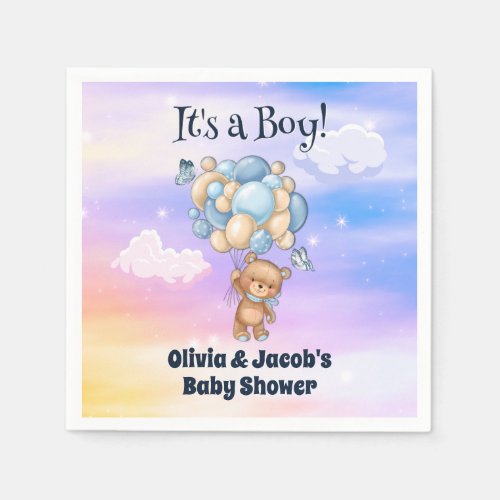 Teddy Bear Balloon Blue Boy Baby Shower Napkins